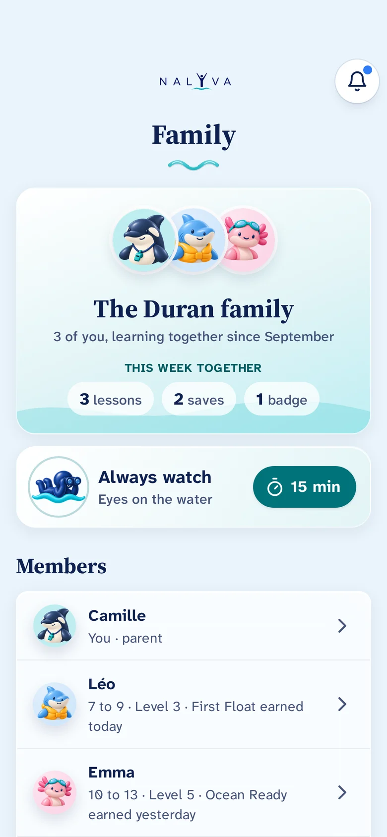The Family tab: the family card, this week together, Always watch and the members.