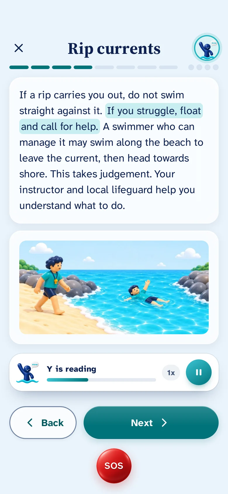 A lesson step about rip currents, with Y reading it aloud and the sentence highlighted.